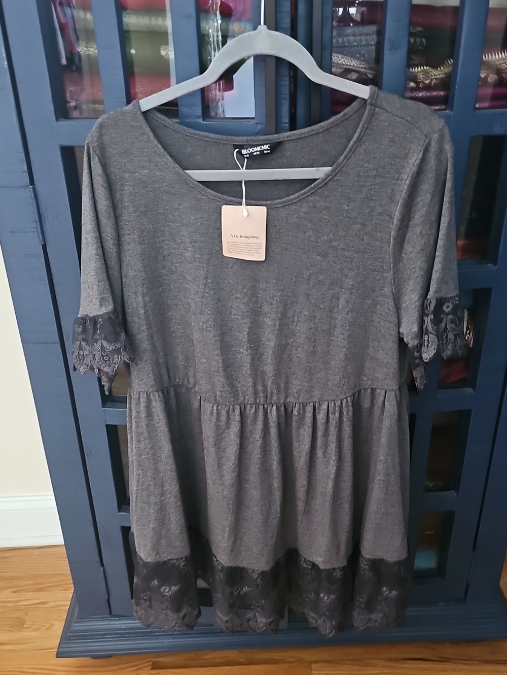 BloomChic Charcoal Lace-Trim Peplum Tunic